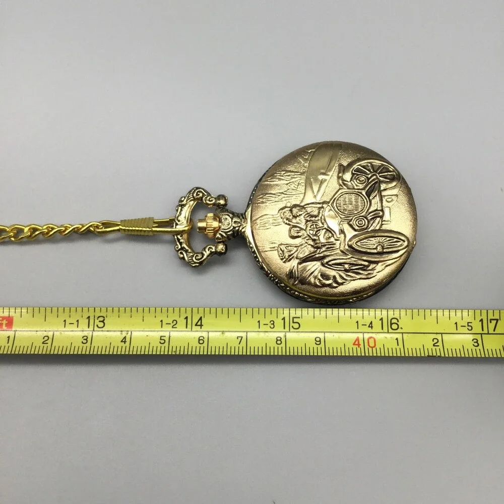 Riviera Pocket Watch Men 45mm Gold Tone Car Cover Full Hunter Chain New Battery